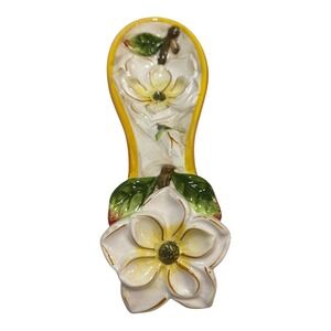 KK Ceramic Magnolia Floral Spoon Rest White Yellow Hand Painted Kitchen Decor